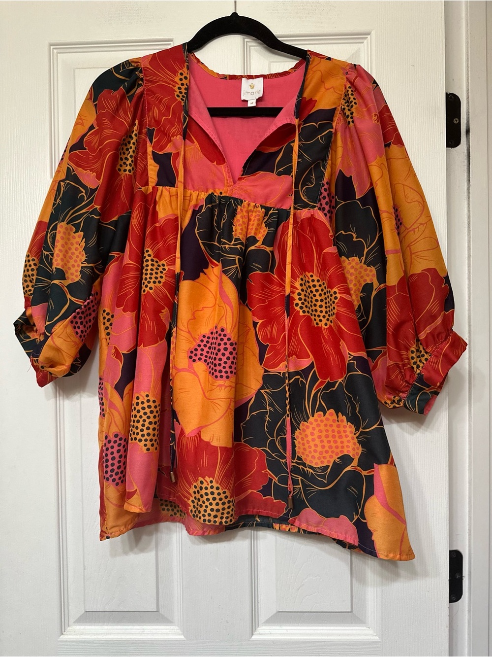 J. Marie Marigold Floral Peasant Blouse - Pink & Orange Size M